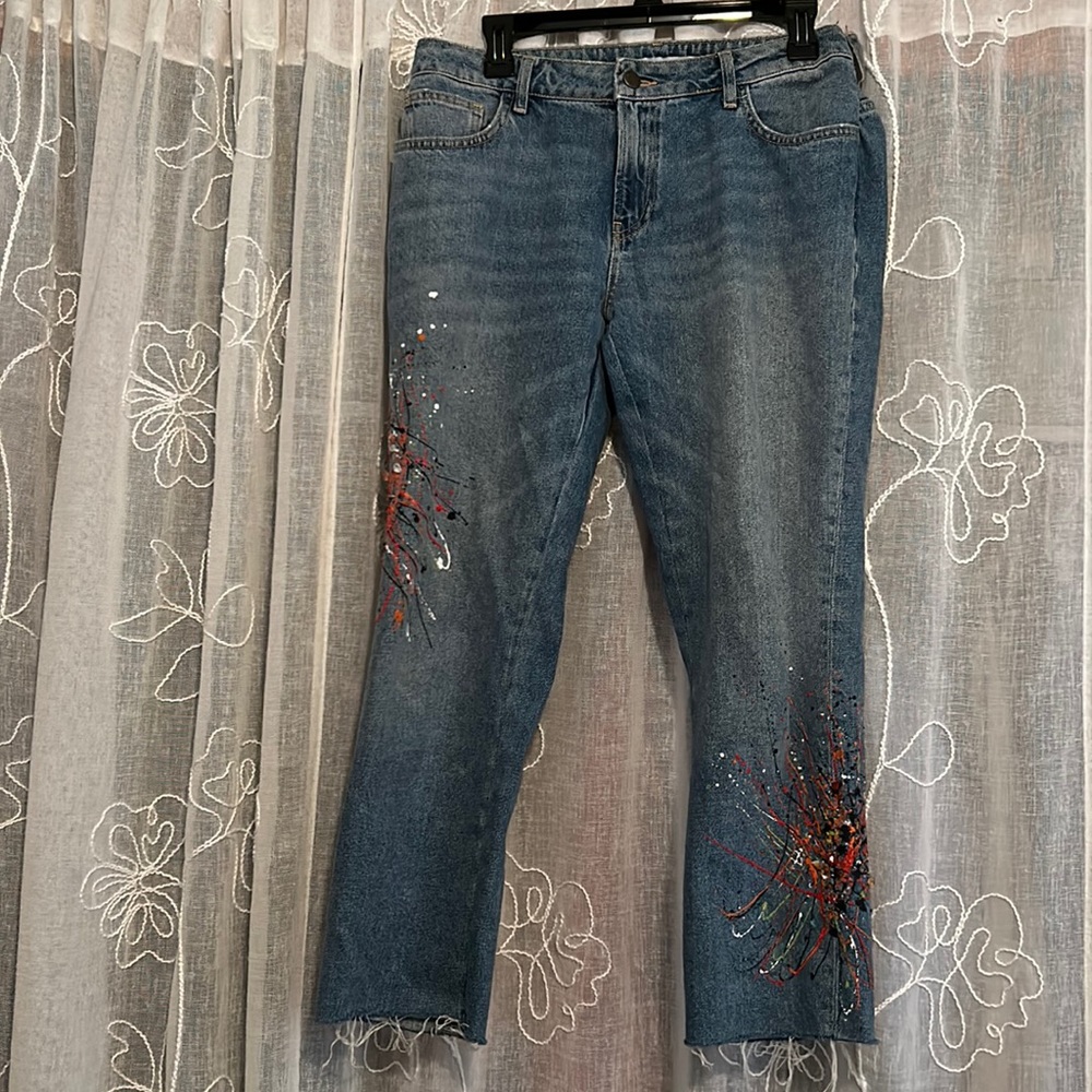 Cute ZARA paint splatter and embellished straight leg high waisted jeans size 10